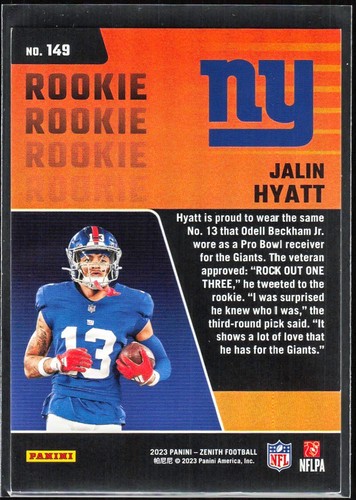 JALIN HYATT 2023 Panini ZENITH 1er ABAJO RC #149 [LÁMINA DE ORO 85/100]--NY GIANTS - Imagen 2 de 2