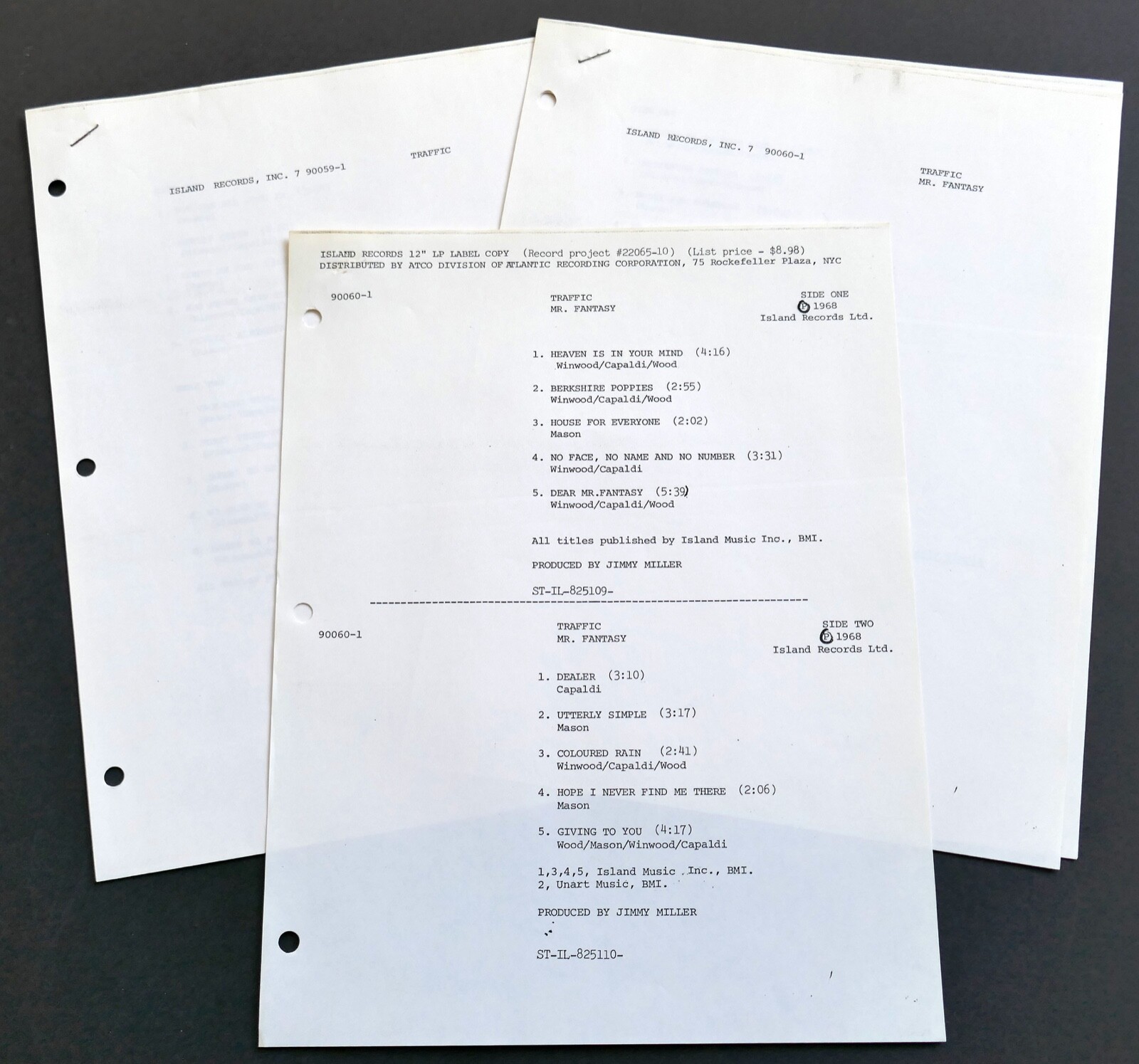 Traffic Mr Fantasy Welcome Canten Album Original Vintage Record Company Memo Lot