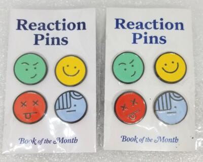 2 Book of the Month Reaction Pin Sets of 4 Emotions Smiley Face Smirk Apathetic 