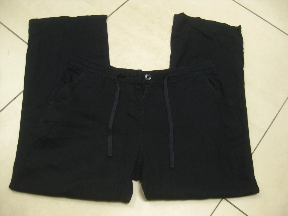 NEXT LINEN TROUSERS WIDE LEG 14 PETITE BLUE summer palazzo tie waist relaxed fit - Image 3 of 4