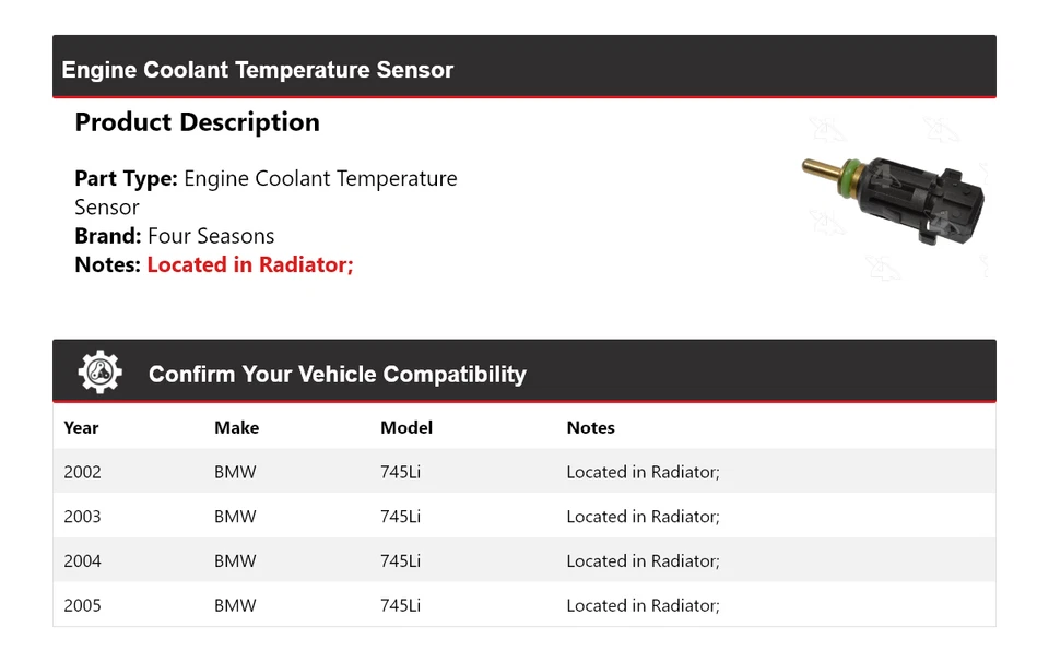 Sensor de temperatura refrigerante motor BMW 745Li 2002-2005 4 estaciones 2003 2004 Foto 2 de 4