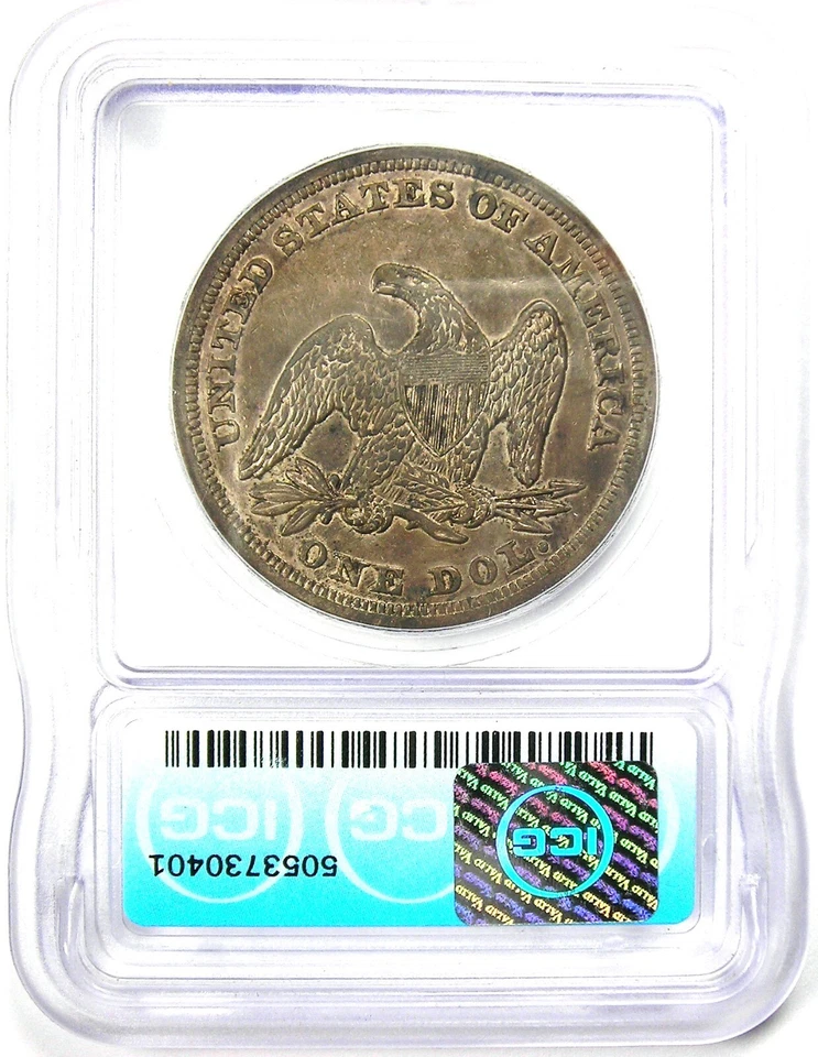 Moneda de 1 dólar de plata libertad sentada de 1847. Detalle certificado ICG AU53 - Moneda rara Foto 3 de 4