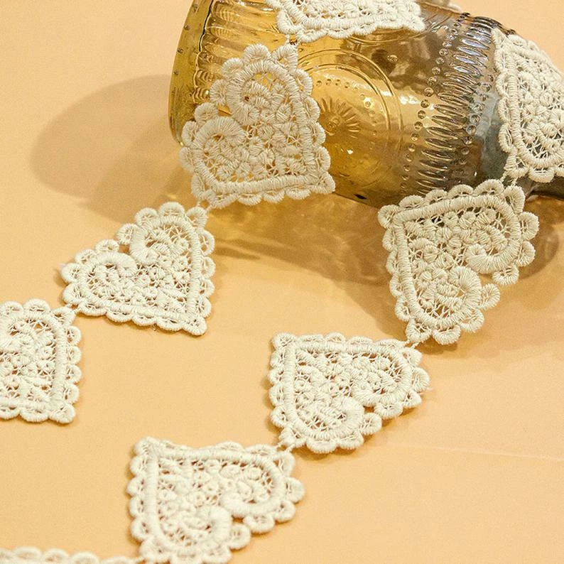 Beige Crocheted Heart Cotton Lace Trim Cotton Lace Ribbon Applique Patch 2 Yards - Image 4 of 4