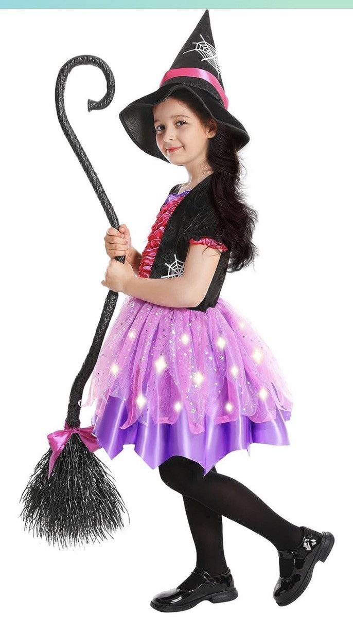 witch purple dress Costume: Toddler Halloween with Hat & Broom with matching pointy hat Medium Girl Girls Purple Moon