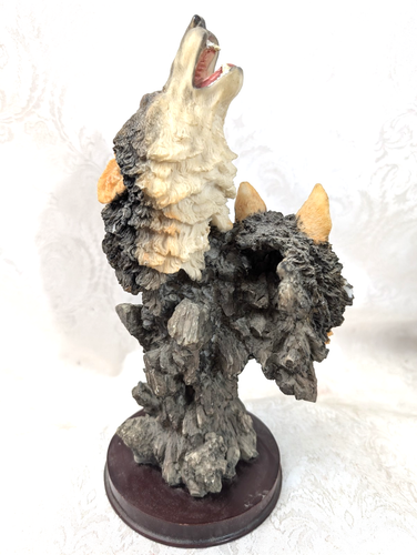 Wolves 2 Head Sculpture Resin Brown Grey 10" Wood Base - Picture 3 of 9