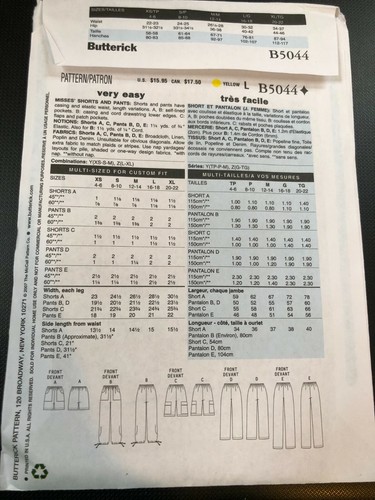 Butterick Pattern B5044 Ms Easy Fashion Express Shorts ~ Capris & Pants w/Opts - Picture 2 of 2