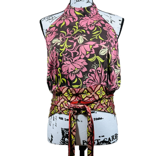 Haute Hippie pink halter top floral mock neck open back size L boho baddie