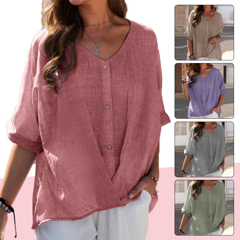Women Cotton Linen Casual Blouse Baggy Ladies T-Shirt Top Summer Tunic Plus Size - Image 3 of 4