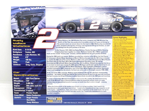 Tarjeta de héroe Rusty Wallace #2 Miller Lite Racing Team 2001 promoción 8" X 10" - Imagen 2 de 2