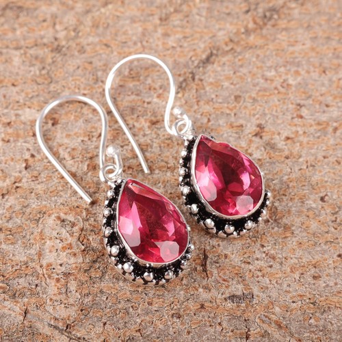 Pink Tourmaline Gemstone Dangle Earring 925 Sterling Silver Handmad Jewelry Gift - Picture 2 of 3