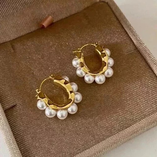 Pendientes de aro de perlas blancas naturales de corte redondo de 1,60 quilates para mujer enchapados en oro amarillo de 14 quilates - Imagen 7 de 7