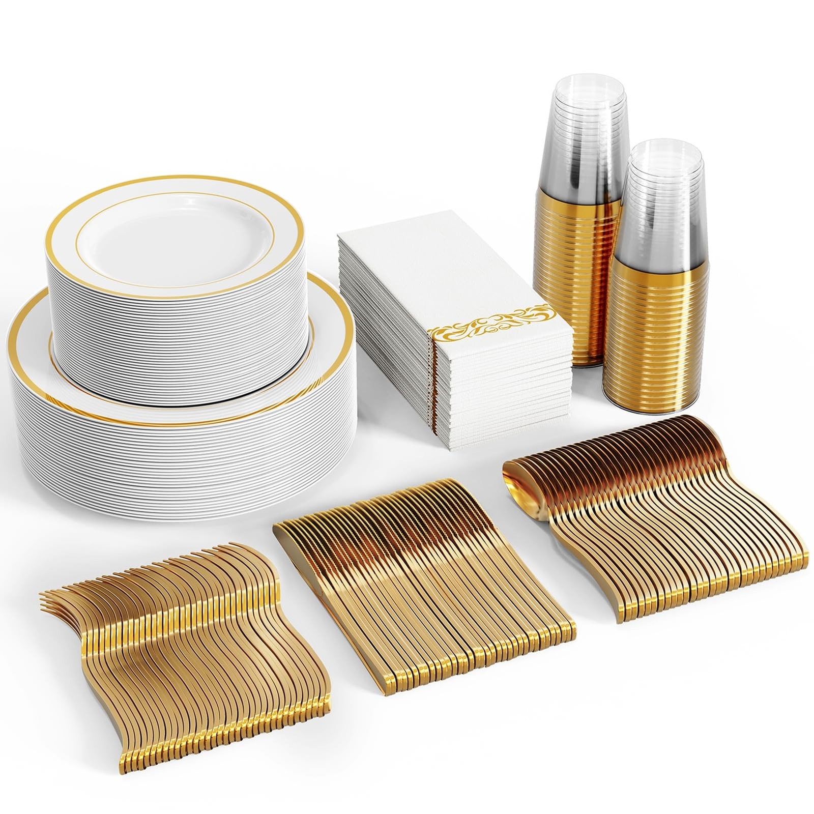FOCUSLINE 350 Gold and White Rim Plastic Dinnerware Set for 50 Guests