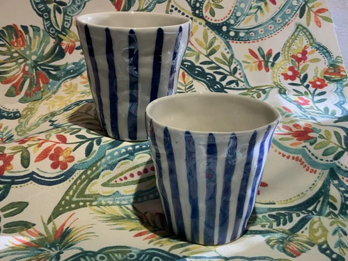 Bat Trang Vietnamese Pottery Set of Two 8 oz. Blue Striped Hand Painted Cups
