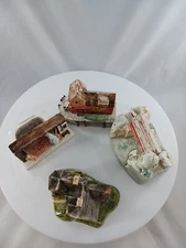4 Vintage Hand Painted Sebastian Miniatures Colonial Kitchen Covered Bridge Read