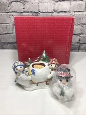 FITZ & FLOYD Christmas The Flurries Filled Candlecup w/ Snowman Lid NEW IN BOX