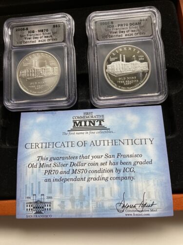 2006-S San Fran Old Mint Silver Dollar 2-pc Coin Set, COA & PR 70 & MS 70 by ICG - Picture 2 of 6