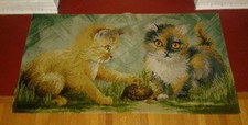 Antique 1920's Green Rug Tapestry Tiger Kitten