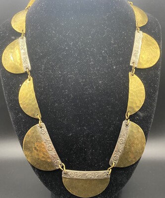 Mixed Metal Half Moon Disc Hammered Brass Bib 18'' Necklace Boho Brutalist Stmt
