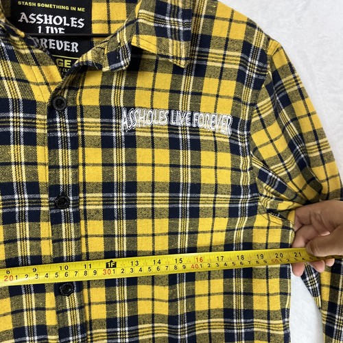 Camicia uomo Assholes*s Live Forever grande flanella gialla a quadri teschi con bottoni - Foto 5 di 10