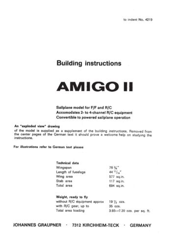 Graupner Model Airplane Plans (RC): AMIGO II 80" Wingspan Glider/Sailplane - Picture 4 of 5