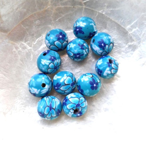 10 Perles FIMO POLYMÈRE - RONDES - FLEURS BLEUES - 10 mm - Trou 1,5/2 mm - Photo 1 sur 3