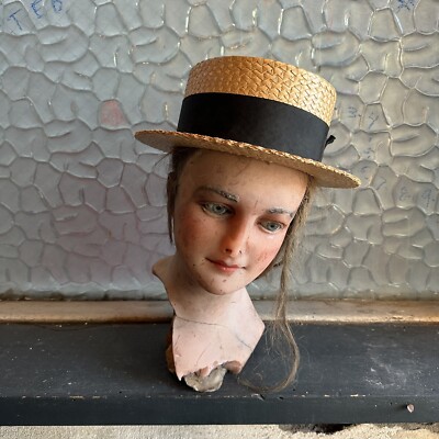 Antique 1920s Brown Straw Ribbon Boater Hat Nautical Boating  display picture 3