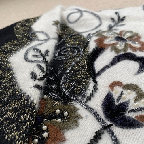 Cárdigan VINTAGE Angora Mujer XL 16 Negro Blanco Mezcla Lana Lentejuelas Floral Tejido - Imagen 4 de 14