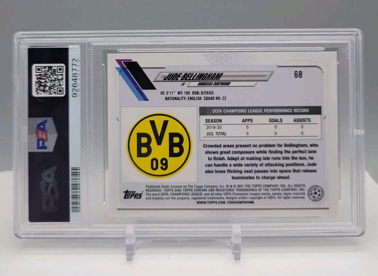 2020 Topps Chrome UCL Jude Bellingham RC Pink X Fractor #68 Rookie PSA 10 Madrid view 2