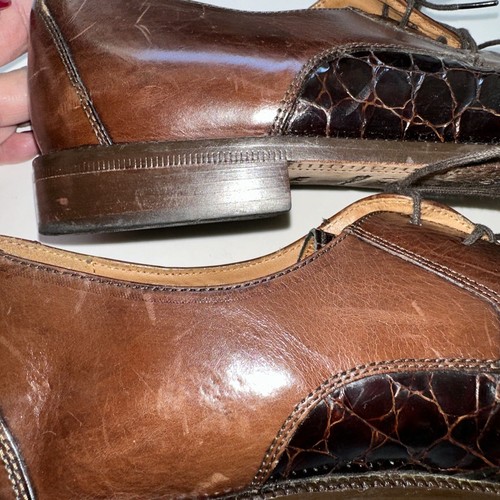 Zapatos Florentinos Bostonianos Cuero Marrón Cocodrilo Acentos Repujados Hechos en Italia 9M - Imagen 10 de 14