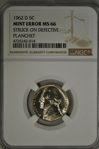 1962-D NICKEL MINT ERROR MS66! STRUCK ON DEFECTIVE PLANCHET -SEE PICS.  -014 - Picture 1 of 4