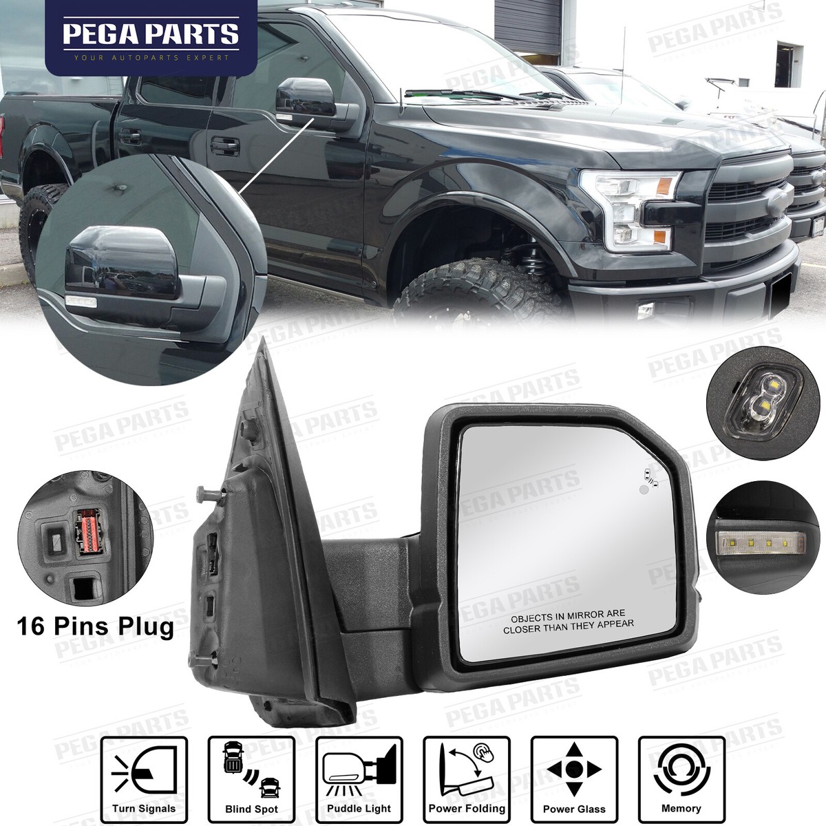 OEM Ford F-150 Side View Mirror Glass (2015-2018) - Passenger & Driver Side, Power Adjust, No Turn Signal - 1-Year Warranty