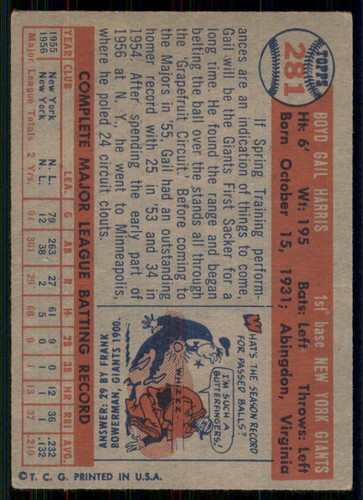1957 Topps #281 Gail Harris - Imagen 2 de 2