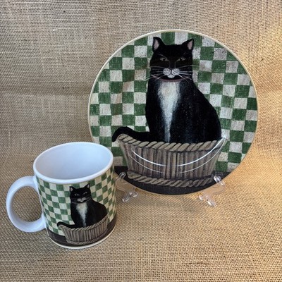 D C Brown Co Mug Country Kitties Black Cat Checkered Cup 10 oz Plate Set