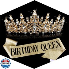 TOBATOBA Birthday Queen Sash and Crown for Women - Gold Rhinestone Tiara and