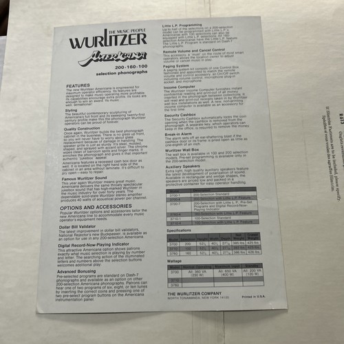 Original Factory Jukebox Wurlitzer Americana Phonograph FLYER - Picture 3 of 3
