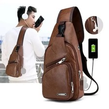 Men's Leather Sling Bag Chest Pack Crossbody Shoulder Backpack USB Earphone Port