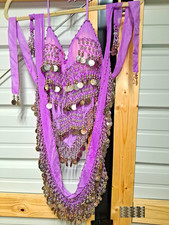 Women  s Purple Solid Chiffon Belly Dance Hip Scarf Belt w/ Coin Beaded Fringe