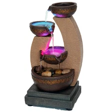 11" H Golden Tiered Bowl Fountain with Color Changing LED Lights with Adapter...
