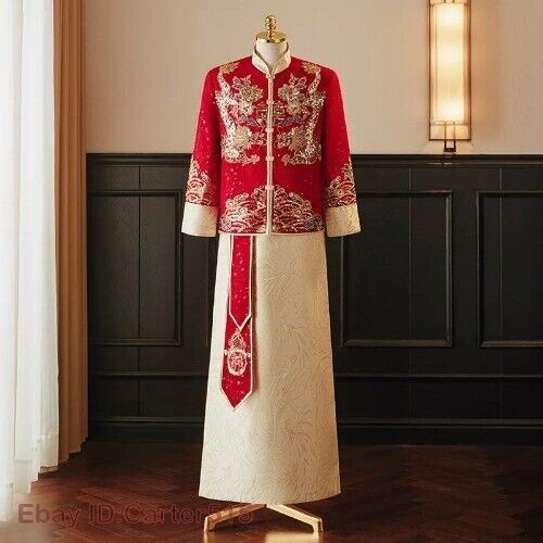 Bride Marriage Dress Set Chinese Qipao Wedding Dress Retro Dragon Phoenix Hanfu - Picture 9 of 13