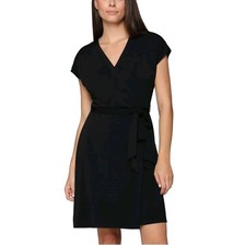 Nicole Miller Women's Faux Wrap Black Dress Sz. L  Short Sleeves Stre #035 (SqB)