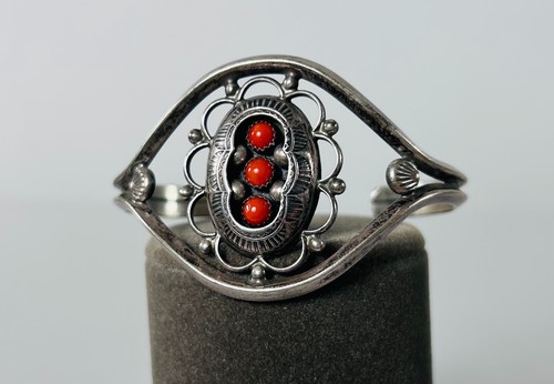Vintage Southwestern Handmade Sterling Silver Cuff Red Bead Bracelet