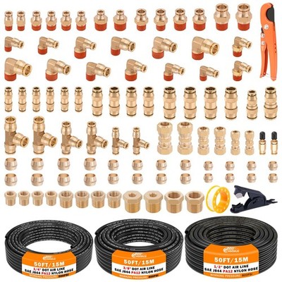 100 PCS Brass DOT Air Line Fittings & 50FT Push Lock Pneumatic Tubing Kit