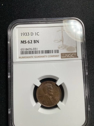 Beautiful High Grade 1933-D Lincoln Cent.  NGC GRADED MS 62 BN