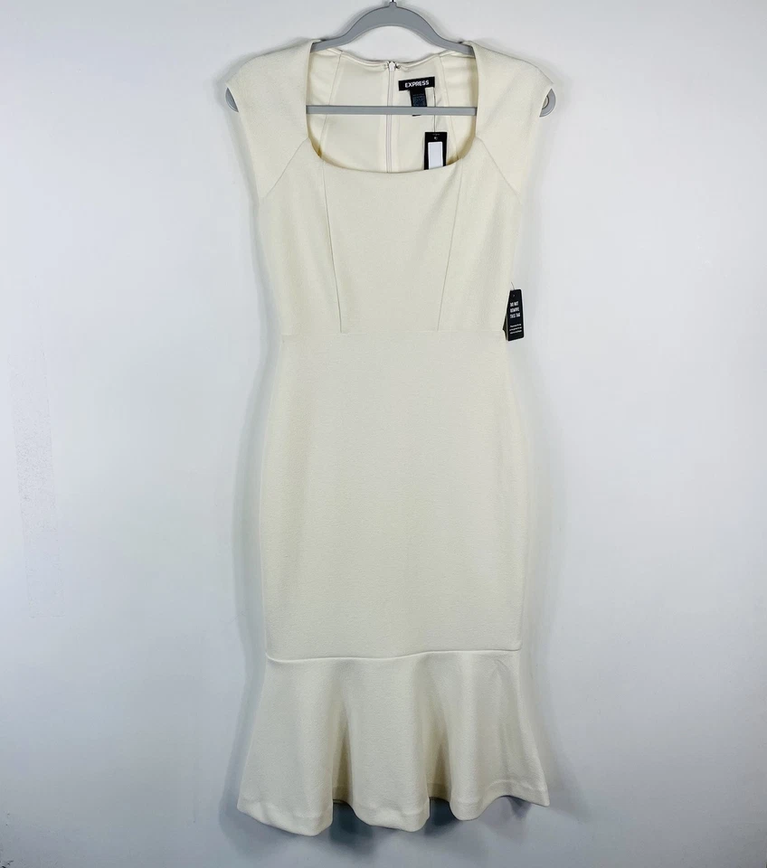 Vestido Vaina Express Talla XS Cuello Cuadrado Peplum Midi Crema Foto 3 de 4