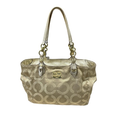 Coach Signature Light Metallic Gold Canvas Leather Trim Zipper Tote Shoulder Bag