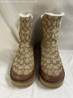 Coach Lorain Khaki Brown Signature Canvas Faux Fur Platform Boots Sz 8.5 COA