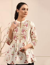 Indian Women beige Floral Printed Short Kurta Kurti Top Tunic New dres for girl