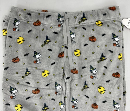 Women's XL Fleece Halloween Pajama Pants Snoopy & Woodstock Grey Pumpkins Bats - Picture 5 of 8