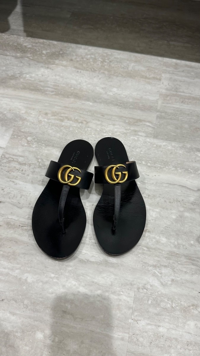 Authentic Gucci Black Leather Thong GG Logo Size 36 | eBay