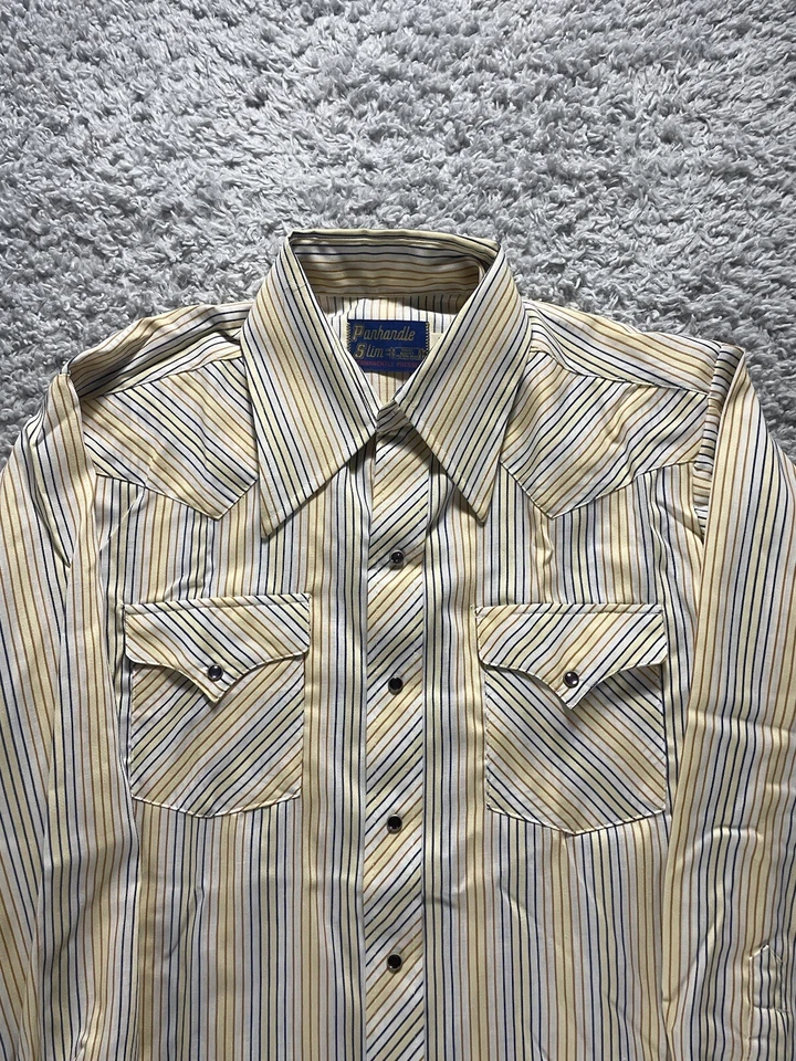 Panhandle Slim Shirt Mens 16-34 Yellow Pearl Snap Western Striped Double Pocket - Image 2 of 3